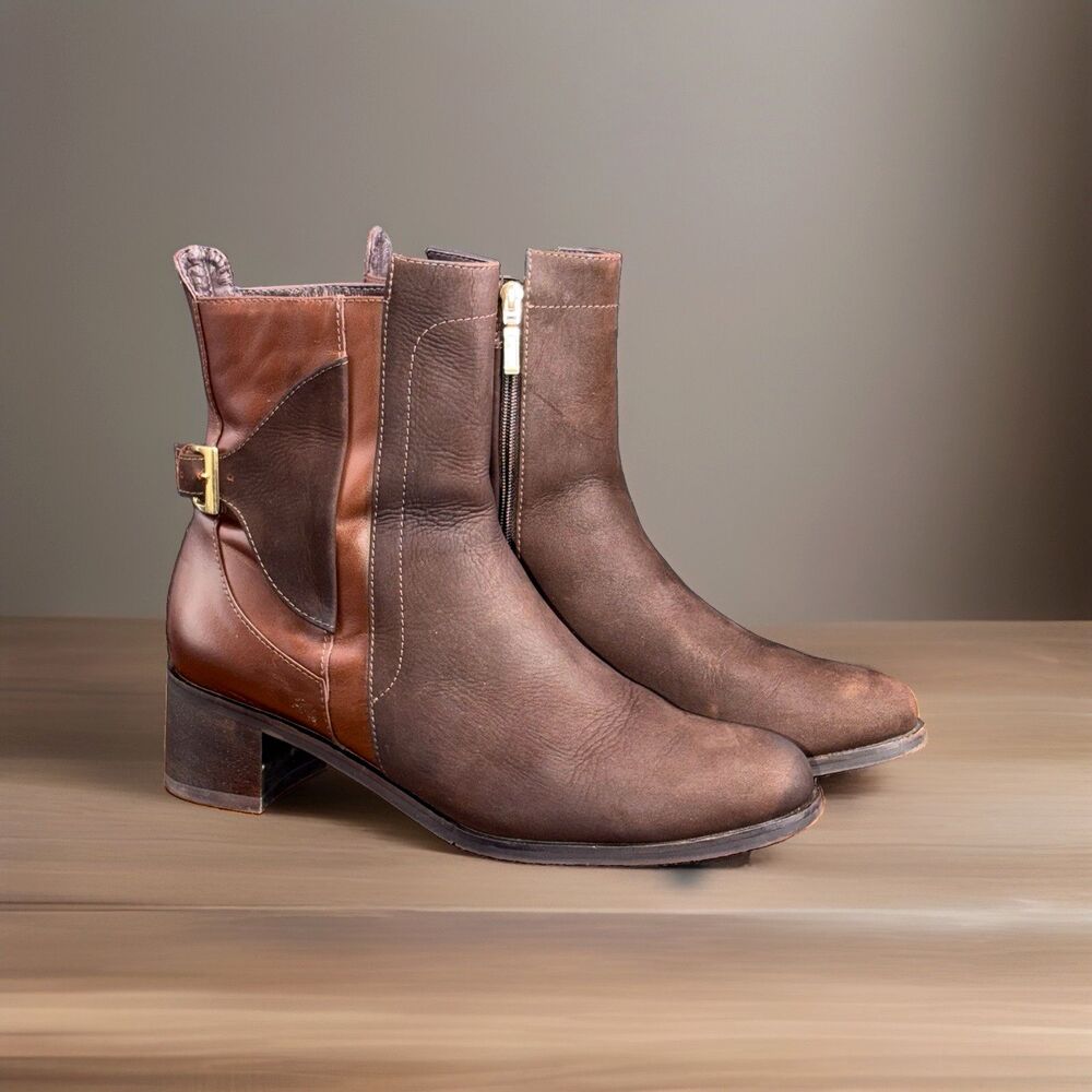 SADE Women’s Brown Leather Ankle Boot Size 8 Buckle Side Zip Block Heel Colombia